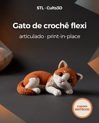 Arte de divulgação do gato de crochê flexível, articulado e impresso de uma vez (print-in-place), deitado