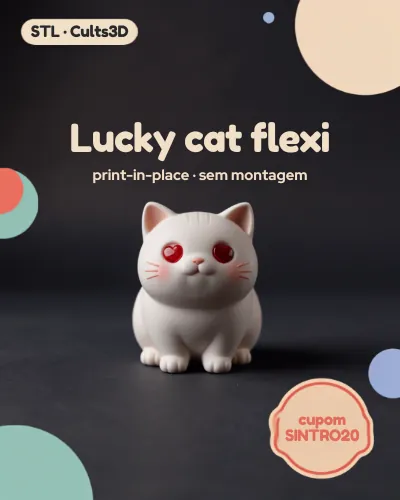 Arte de divulgação do Lucky cat flexi, gato branco articulado impresso sem montagem